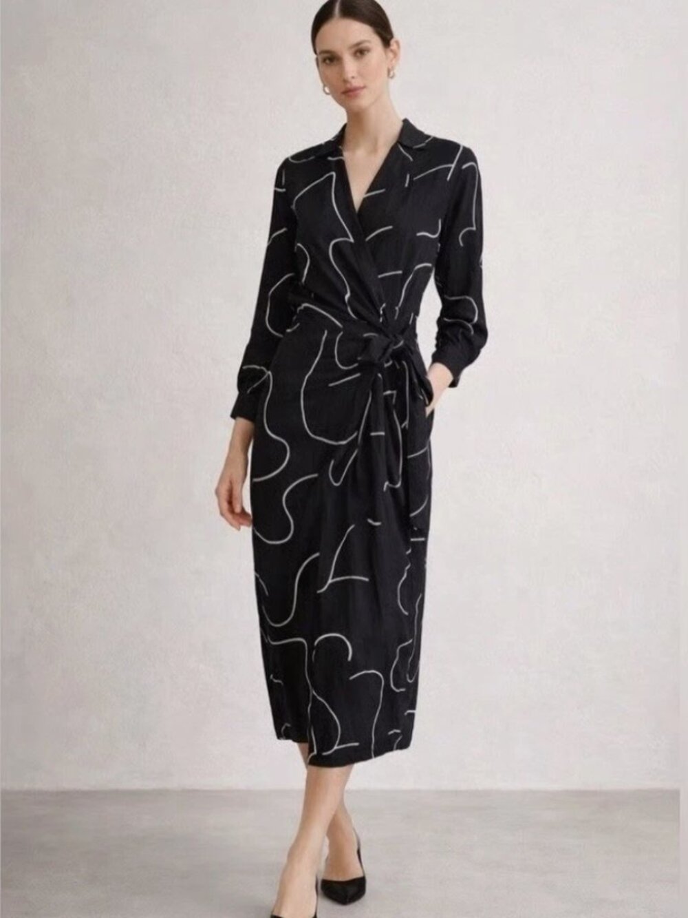 Magaschoni 100% Linen Long Sleeve Midi Abstract Print Wrap Dress - Size 4 - 0034